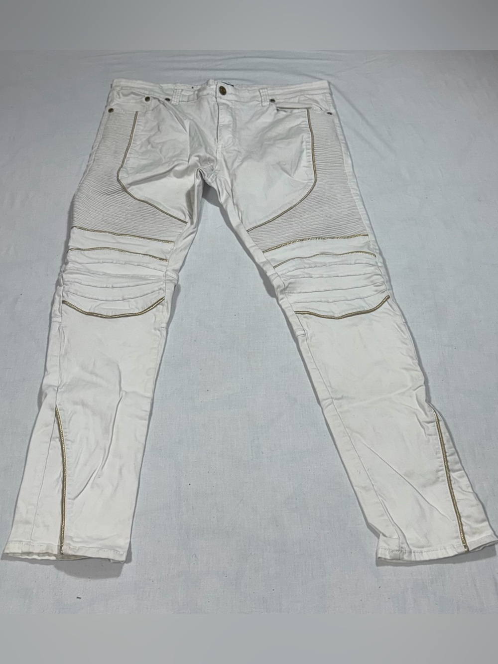 Krome New York Men 40x34 White Moto Biker Jeans Ribbed Zip Hem Y2K Y22